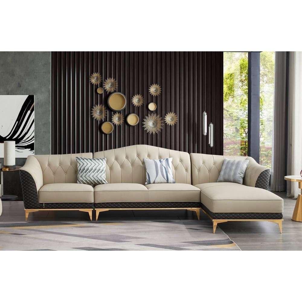 Canapé d'angle en cuir buffle italien de luxe 6/7 places PALACE, beige et chocolat, angle droit Canapé d'angle en cuir buffle italien de luxe 6/7 places PALACE, beige et chocolat, angle droit
