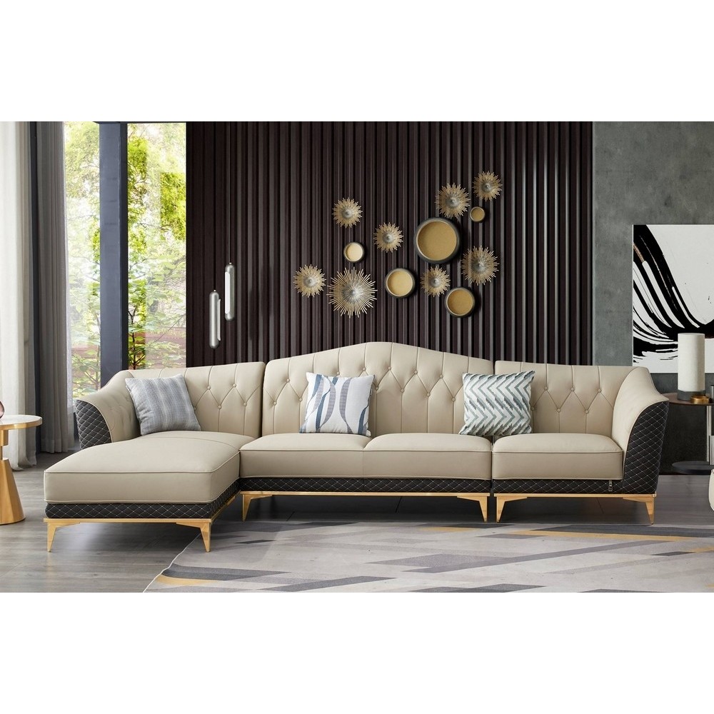 Canapé d'angle en cuir buffle italien de luxe 6/7 places - PALACE, beige et chocolat, angle gauche Canapé d'angle en cuir buffle italien de luxe 6/7 places - PALACE, beige et chocolat, angle gauche