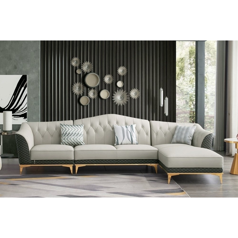 Canapé d'angle en cuir buffle italien de luxe 6/7 places PALACE, gris clair et gris foncé, angle droit Canapé d'angle en cuir buffle italien de luxe 6/7 places PALACE, gris clair et gris foncé, angle droit