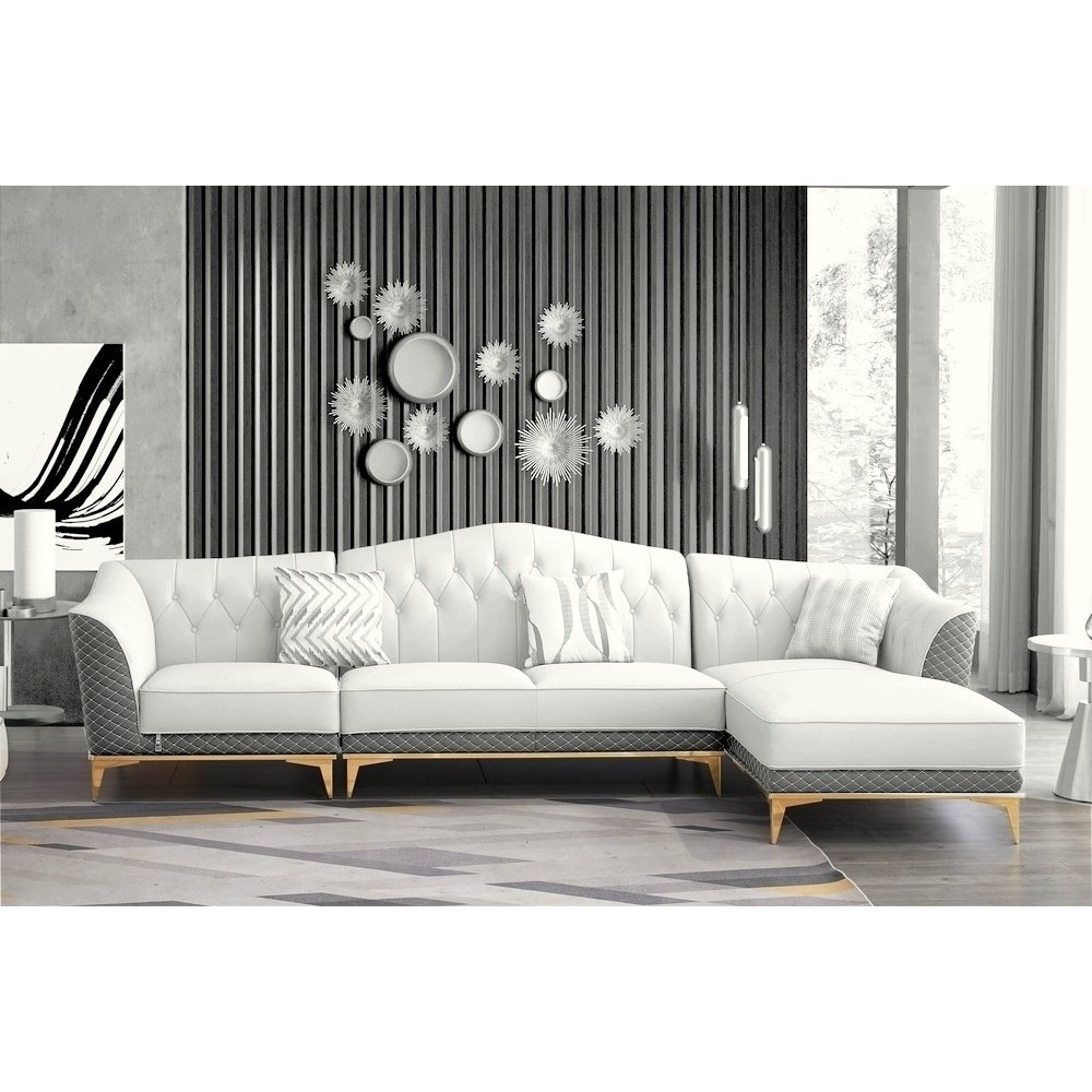 Canapé d'angle en cuir buffle italien de luxe 6/7 places PALACE, blanc crème et gris, angle droit, Blanc cassé / Gris Canapé d'angle en cuir buffle italien de luxe 6/7 places PALACE, blanc crème et gris, angle droit, Blanc cassé / Gris