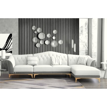 Canapé d'angle en cuir buffle italien de luxe 6/7 places PALACE, blanc crème et gris, angle droit