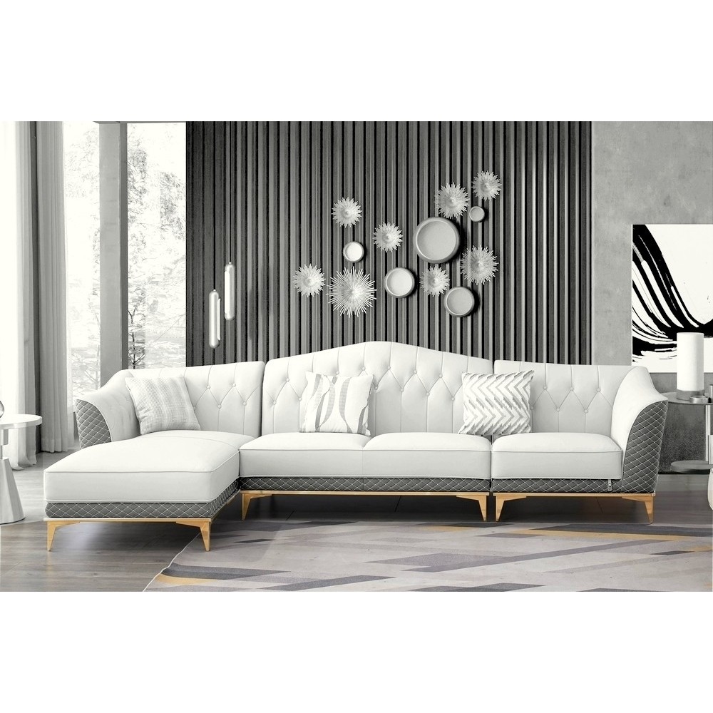 Canapé d'angle en cuir buffle italien de luxe 6/7 places - PALACE, blanc crème et gris, angle gauche, Blanc cassé / Gris Canapé d'angle en cuir buffle italien de luxe 6/7 places - PALACE, blanc crème et gris, angle gauche, Blanc cassé / Gris