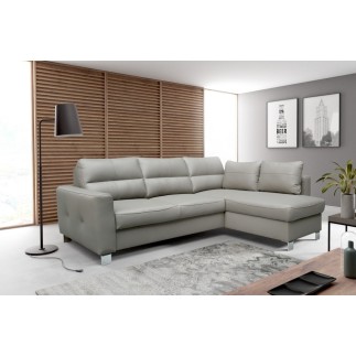 Canapé d'angle convertible en cuir italien de luxe 5 places VENETO, avec coffre, gris clair, angle droit (vu de face)