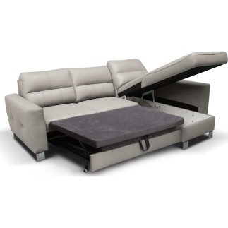 Canapé d'angle convertible en cuir italien de luxe 5 places VENETO, avec coffre, gris clair, angle droit (vu de face)