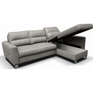 Canapé d'angle convertible en cuir italien de luxe 5 places VENETO, avec coffre, gris clair, angle droit (vu de face)