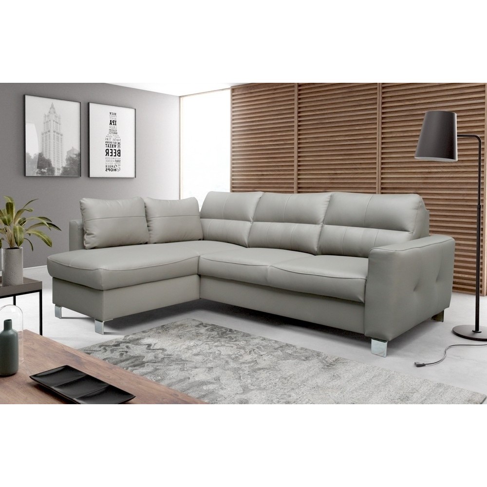 Canapé d'angle convertible en cuir italien de luxe 5 places - VENETO, avec coffre, gris clair, angle gauche (vu de face) Canapé d'angle convertible en cuir italien de luxe 5 places - VENETO, avec coffre, gris clair, angle gauche (vu de face)
