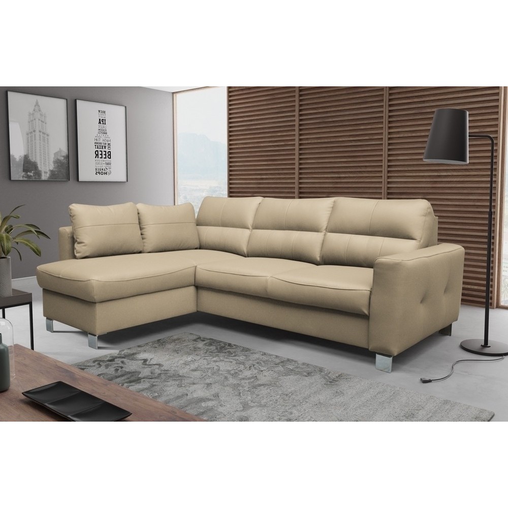 Canapé d'angle convertible en cuir italien de luxe 5 places VENETO, avec coffre, beige, angle gauche (vu de face) Canapé d'angle convertible en cuir italien de luxe 5 places VENETO, avec coffre, beige, angle gauche (vu de face)