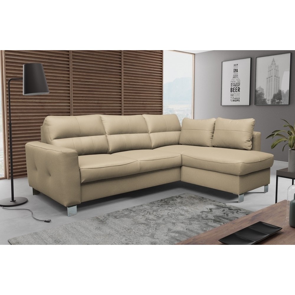 Canapé d'angle convertible en cuir italien de luxe 5 places VENETO, avec coffre, beige, angle droit (vu de face) Canapé d'angle convertible en cuir italien de luxe 5 places VENETO, avec coffre, beige, angle droit (vu de face)