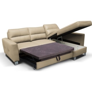 Canapé d'angle convertible en cuir italien de luxe 5 places VENETO, avec coffre, beige, angle droit (vu de face)