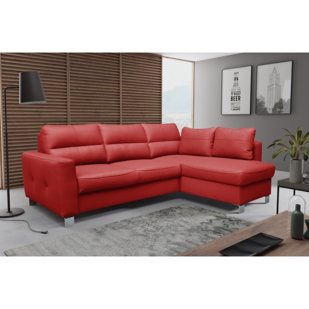 Canapé d'angle convertible en cuir italien de luxe 5 places VENETO, avec coffre, rouge, angle droit (vu de face) Canapé d'angle convertible en cuir italien de luxe 5 places VENETO, avec coffre, rouge, angle droit (vu de face)