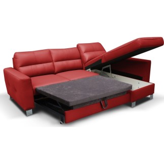 Canapé d'angle convertible en cuir italien de luxe 5 places VENETO, avec coffre, rouge, angle droit (vu de face)