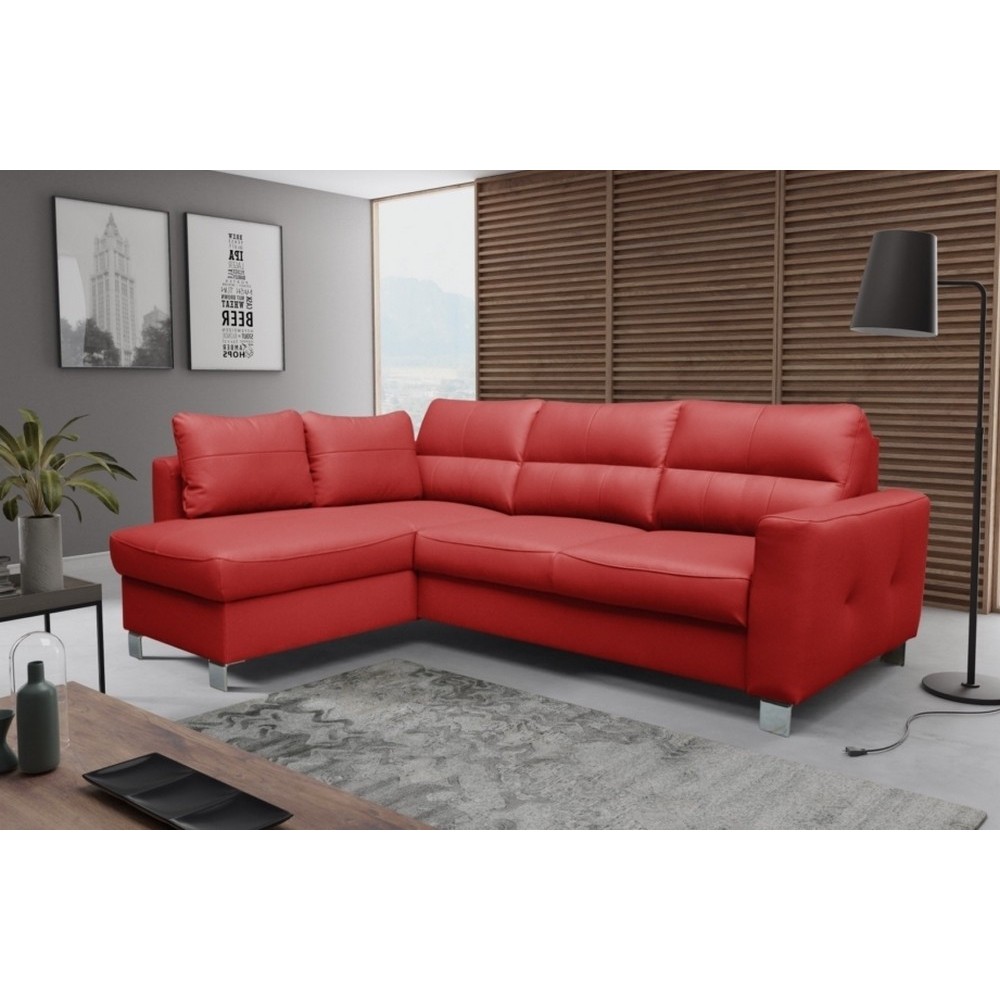 Canapé d'angle convertible en cuir italien de luxe 5 places VENETO, avec coffre, rouge, angle gauche (vu de face) Canapé d'angle convertible en cuir italien de luxe 5 places VENETO, avec coffre, rouge, angle gauche (vu de face)