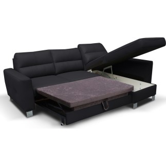 Canapé d'angle convertible en cuir italien de luxe 5 places VENETO, avec coffre, noir, angle droit (vu de face)