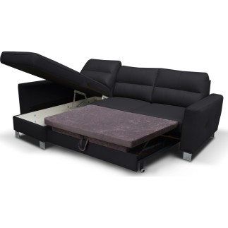 Canapé d'angle convertible en cuir italien de luxe 5 places - VENETO, avec coffre, noir, angle gauche (vu de face)