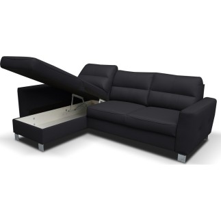 Canapé d'angle convertible en cuir italien de luxe 5 places - VENETO, avec coffre, noir, angle gauche (vu de face)