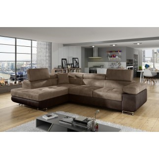 Canapé d'angle convertible en velours luxe 5 places, avec coffre, marron et chocolat, angle gauche (vu de face), ANNECY VELOURS