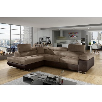 Canapé d'angle convertible en velours luxe 5 places, avec coffre, marron et chocolat, angle gauche (vu de face), ANNECY VELOURS