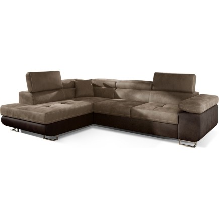 Canapé d'angle convertible en velours luxe 5 places, avec coffre, marron et chocolat, angle gauche (vu de face), ANNECY VELOURS