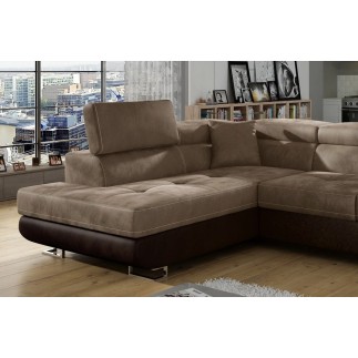 Canapé d'angle convertible en velours luxe 5 places, avec coffre, marron et chocolat, angle gauche (vu de face), ANNECY VELOURS