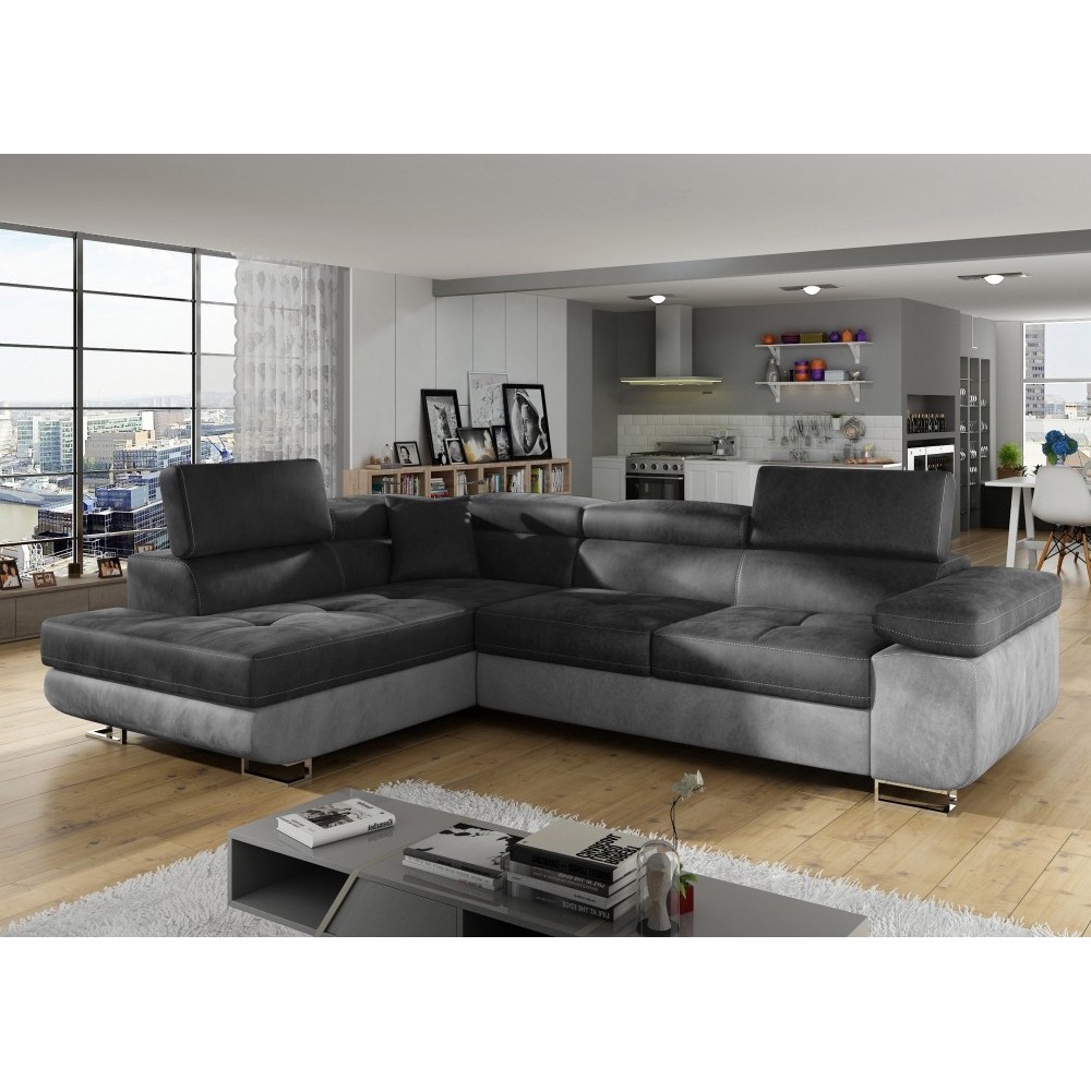 - Canapé d'angle convertible en velours luxe 5 places, avec coffre, gris foncé / gris clair, angle gauche (vu de face), ANNECY V - Canapé d'angle convertible en velours luxe 5 places, avec coffre, gris foncé / gris clair, angle gauche (vu de face), ANNECY V