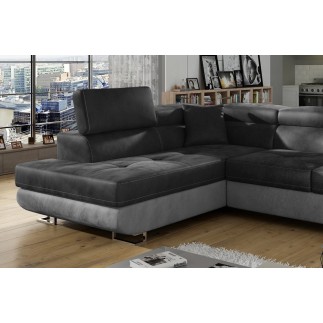 - Canapé d'angle convertible en velours luxe 5 places, avec coffre, gris foncé / gris clair, angle gauche (vu de face), ANNECY V