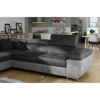 - Canapé d'angle convertible en velours luxe 5 places, avec coffre, gris foncé / gris clair, angle gauche (vu de face), ANNECY V