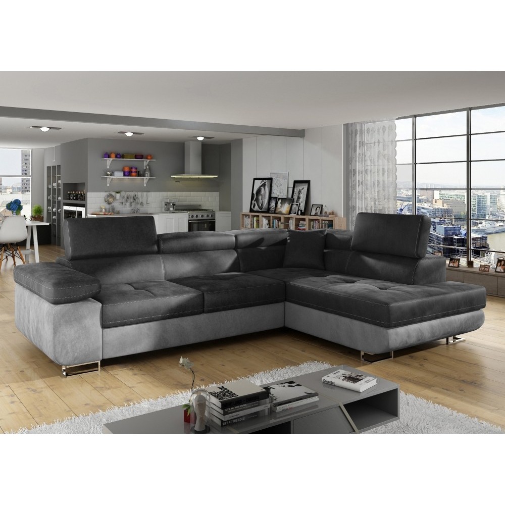 Canapé d'angle convertible en velours luxe 5 places, avec coffre, gris foncé / gris clair, angle droit (vu de face), ANNECY VELO