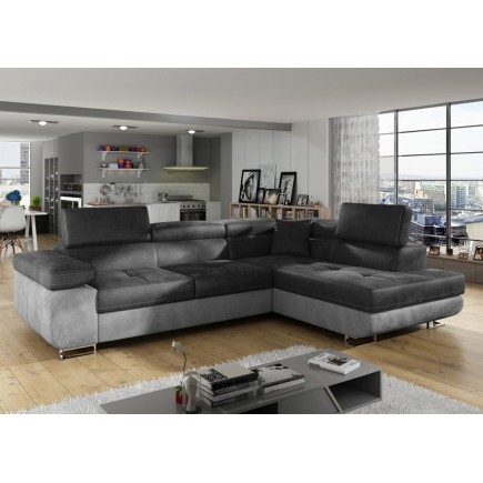 Canapé d'angle convertible en velours luxe 5 places, avec coffre, gris foncé / gris clair, angle droit (vu de face), ANNECY VELO
