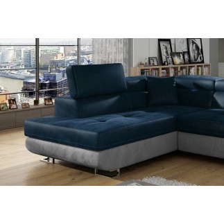 Canapé d'angle convertible en velours luxe 5 places, avec coffre, bleu foncé / gris clair, angle gauche (vu de face), ANNECY VEL