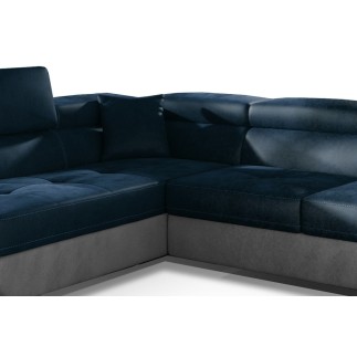 Canapé d'angle convertible en velours luxe 5 places, avec coffre, bleu foncé / gris clair, angle gauche (vu de face), ANNECY VEL