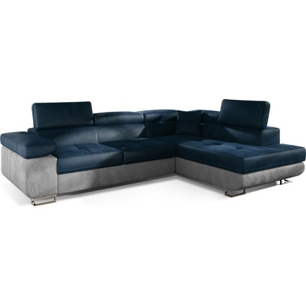 Canapé d'angle convertible en velours luxe 5 places, avec coffre, bleu foncé / gris clair, angle droit (vu de face), ANNECY VELO