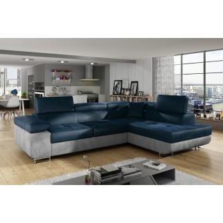 Canapé d'angle convertible en velours luxe 5 places, avec coffre, bleu foncé / gris clair, angle droit (vu de face), ANNECY VELO