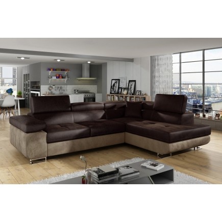 Canapé d'angle convertible en velours luxe 5 places, avec coffre, chocolat / marron, angle droit (vu de face), ANNECY VELOURS