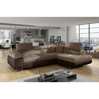 Canapé d'angle convertible en velours luxe 5 places, avec coffre, marron et chocolat, angle droit (vu de face), ANNECY VELOURS
