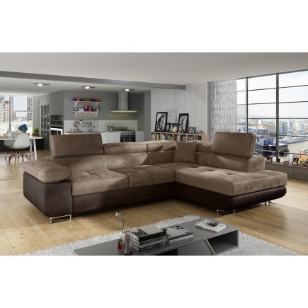 Canapé d'angle convertible en velours luxe 5 places, avec coffre, marron et chocolat, angle droit (vu de face), ANNECY VELOURS
