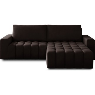 Canapé d'angle convertible en velours luxe 5 places, coffre - chocolat, angle droit (vu de face), BONO