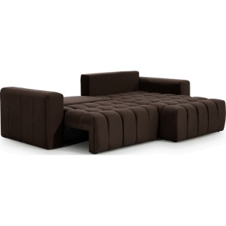 Canapé d'angle convertible en velours luxe 5 places, coffre - chocolat, angle droit (vu de face), BONO