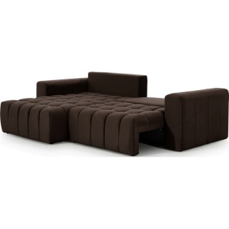 - Canapé d'angle convertible en velours luxe 5 places et coffre, chocolat, angle gauche (vu de face) BONO