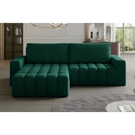 Canapé d'angle convertible en velours luxe 5 places et coffre, vert, angle gauche (vu de face) BONO