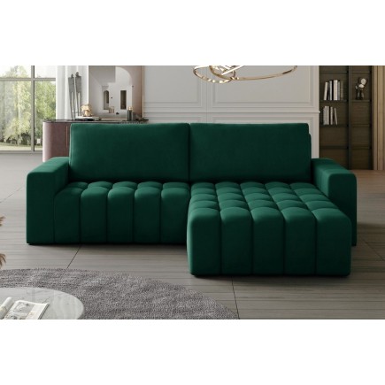Canapé d'angle convertible en velours luxe 5 places, coffre - vert, angle droit (vu de face), BONO