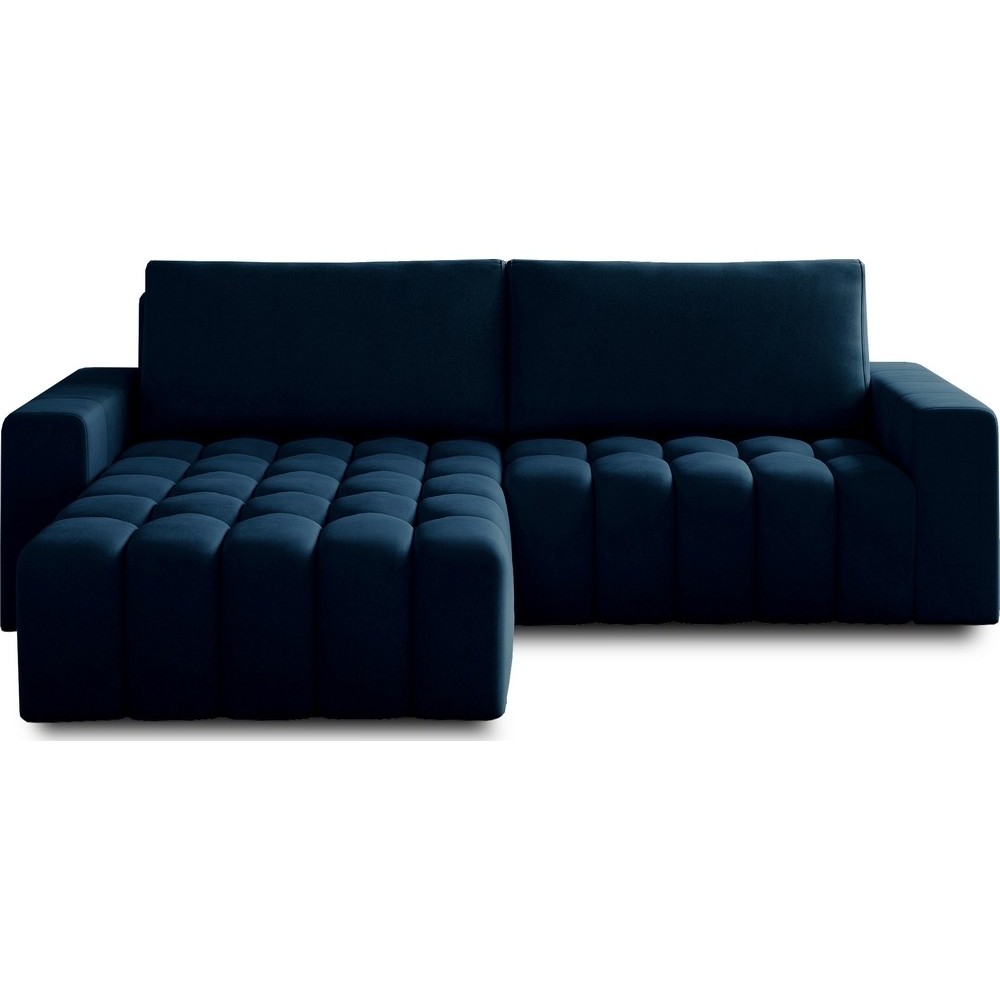 Canapé d'angle convertible en velours luxe 5 places, coffre - bleu foncé, angle gauche (vu de face), BONO Canapé d'angle convertible en velours luxe 5 places, coffre - bleu foncé, angle gauche (vu de face), BONO