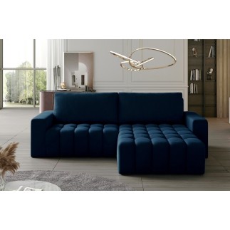 Canapé d'angle convertible en velours luxe 5 places et coffre, bleu foncé, angle droit (vu de face) BONO