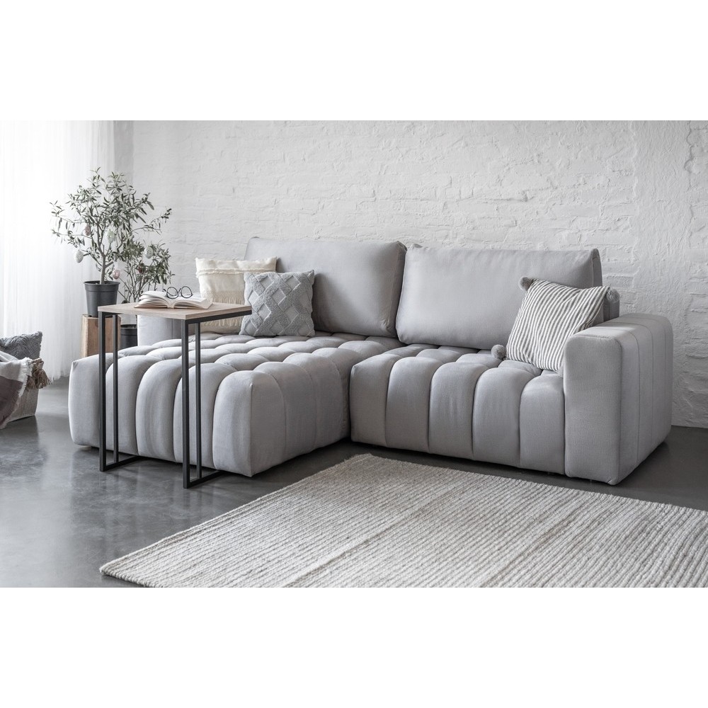 Canapé d'angle convertible en velours luxe 5 places et coffre, gris, angle gauche (vu de face) BONO Canapé d'angle convertible en velours luxe 5 places et coffre, gris, angle gauche (vu de face) BONO