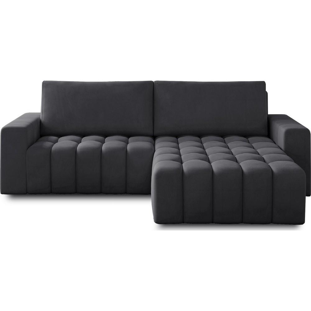 Canapé d'angle convertible en velours luxe 5 places, coffre - gris foncé, angle droit (vu de face), BONO Canapé d'angle convertible en velours luxe 5 places, coffre - gris foncé, angle droit (vu de face), BONO