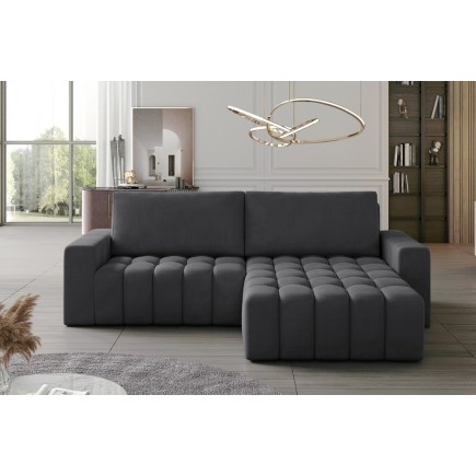 Canapé d'angle convertible en velours luxe 5 places, coffre - gris foncé, angle droit (vu de face), BONO
