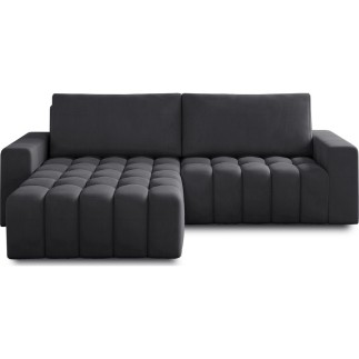 Canapé d'angle convertible en velours luxe 5 places et coffre, gris foncé, angle gauche (vu de face) BONO