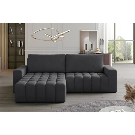 Canapé d'angle convertible en velours luxe 5 places et coffre, gris foncé, angle gauche (vu de face) BONO