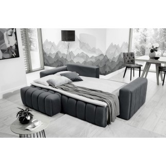 Canapé d'angle convertible en velours luxe 5 places et coffre, gris foncé, angle gauche (vu de face) BONO