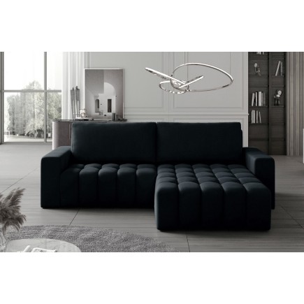 Canapé d'angle convertible en velours luxe 5 places, coffre, noir, angle droit (vu de face), BONO