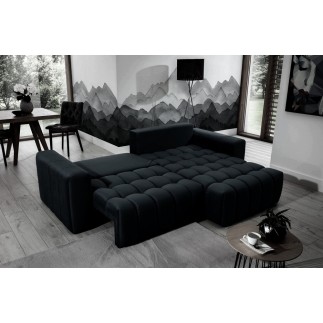 Canapé d'angle convertible en velours luxe 5 places, coffre, noir, angle droit (vu de face), BONO